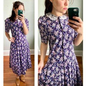 Vintage 90s Purple Floral Cottagecore Lace Bib Puff Sleeve Midi Dress